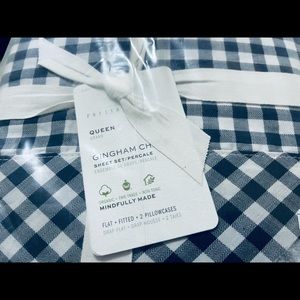 New Pottery Barn Organic Cotton Gingham Check Queen Sheet Set Navy